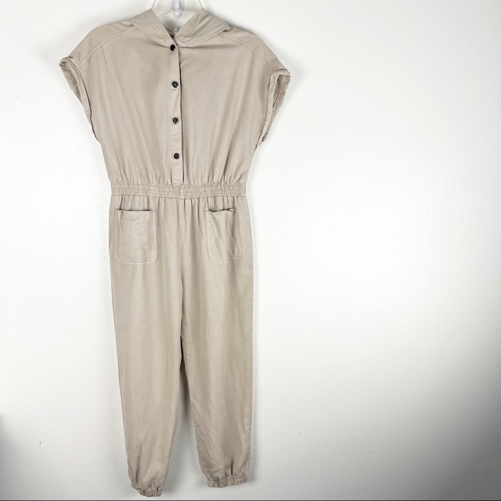 ZARA Cream 100% Cotton Utility Snap Button Closure Hoodie Jumpsuit, Size 12 Boho